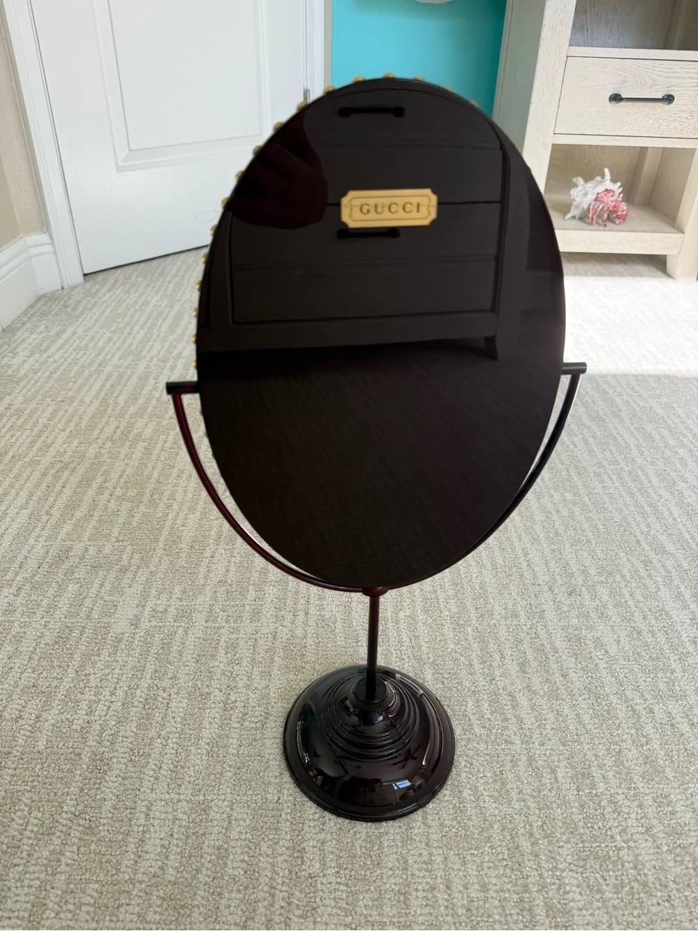 Gucci Oval Vanity Mirror in Dark Red with Gold Stud Trim